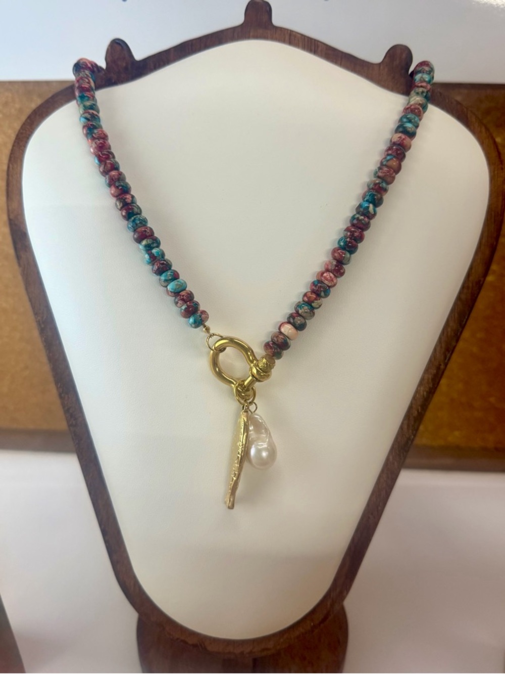 Imperial Jasper Necklace with Gold Toggle, Fresh Water Pearl and Sardinia charm